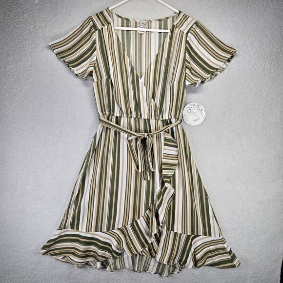 Naif Wrap Mini Dress Womens Medium V Neck Tie Waist Flounce Hem Stripped New - Picture 2 of 10